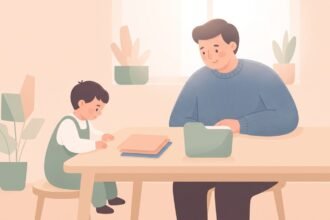 Pai e filho sentados à mesa organizando documentos, representando o processo de solicitação de benefício para TDAH
