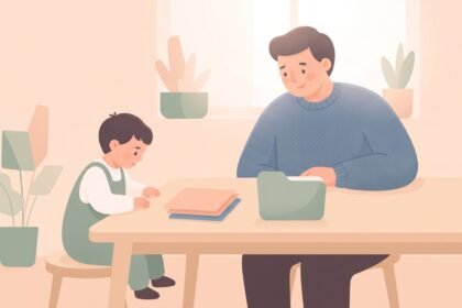 Pai e filho sentados à mesa organizando documentos, representando o processo de solicitação de benefício para TDAH