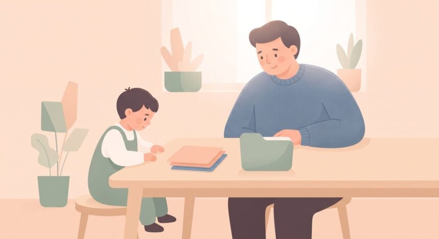 Pai e filho sentados à mesa organizando documentos, representando o processo de solicitação de benefício para TDAH