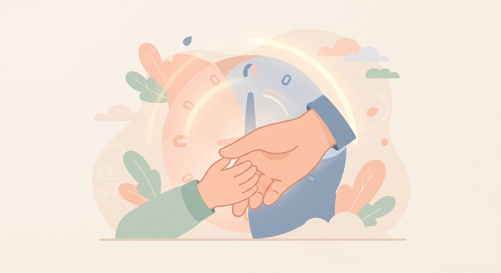 Mãos de adulto e criança entrelaçadas com relógio ao fundo, representando a espera e o acompanhamento no SUS