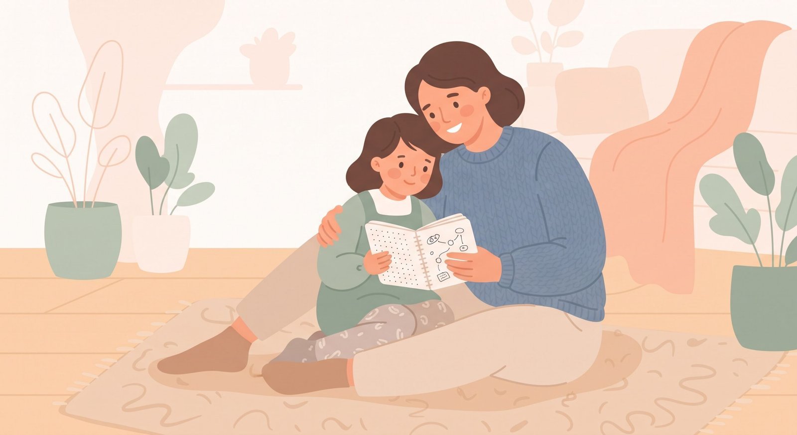 Mãe e filha lendo juntas um caderno, representando o apoio familiar no acompanhamento do TDAH