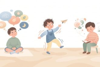 Ilustração dos três tipos de TDAH: criança desatenta com balões de pensamento, criança hiperativa em movimento e criança com apresentação combinada