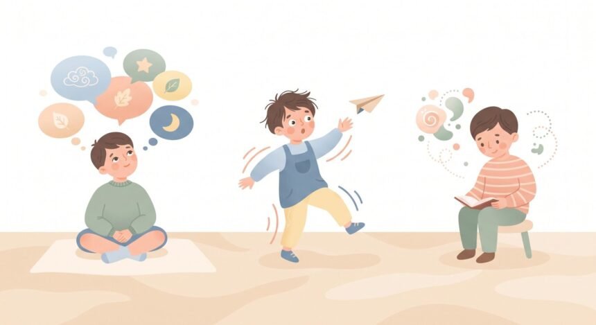 Ilustração dos três tipos de TDAH: criança desatenta com balões de pensamento, criança hiperativa em movimento e criança com apresentação combinada